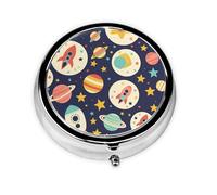 Pill Box 3 Compartment with Mirror Cartoon Rocket Star Planet Tablet Box Small Pill Organiser for Purse & Pocket Vitamin Organiser