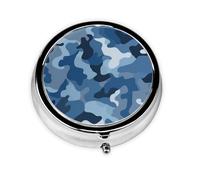Pill Box 3 Compartment with Mirror Classic Blue Camo Print Tablet Box Small Pill Organiser for Purse & Pocket Vitamin Organiser