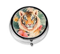 Pill Box 3 Compartment with Mirror Flower Bush Tiger Tablet Box Small Pill Organiser for Purse & Pocket Vitamin Organiser