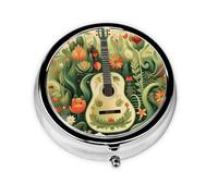 Pill Box 3 Compartment with Mirror Green Plant Guitar Tablet Box Small Pill Organiser for Purse & Pocket Vitamin Organiser