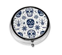Pill Box 3 Compartment with Mirror Mexican Ethnic Skull Print Tablet Box Small Pill Organiser for Purse & Pocket Vitamin Organiser