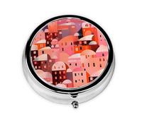 Pill Box 3 Compartment with Mirror Pink Geometric Architecture Tablet Box Small Pill Organiser for Purse & Pocket Vitamin Organiser
