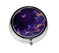 Pill Box 3 Compartment with Mirror Purple Butterfly Fantasy Animal Tablet Box Small Pill Organiser for Purse & Pocket Vitamin Organiser
