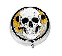 Pill Box 3 Compartment with Mirror Skull Head Flower Sunflower Tablet Box Small Pill Organiser for Purse & Pocket Vitamin Organiser