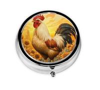 Pill Box 3 Compartment with Mirror Sunflower Bush Rooster Tablet Box Small Pill Organiser for Purse & Pocket Vitamin Organiser