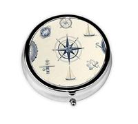 Pill Box 3 Compartment with Mirror Vintage Nautical Ocean Compass Sailboat Tablet Box Small Pill Organiser for Purse & Pocket Vitamin Organiser