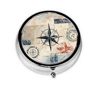 Pill Box 3 Compartment with Mirror Vintage Nautical Theme Compass Tablet Box Small Pill Organiser for Purse & Pocket Vitamin Organiser