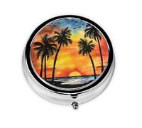 Pill Box 3 Compartment with Mirror Watercolor Beach Sunset Tablet Box Small Pill Organiser for Purse & Pocket Vitamin Organiser