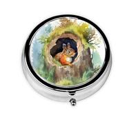Pill Box 3 Compartment with Mirror Watercolor Tree Hole Squirrel Tablet Box Small Pill Organiser for Purse & Pocket Vitamin Organiser