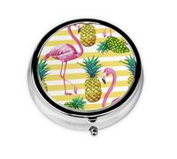 Pill Box 3 Compartment with Mirror Yellow Striped Pineapple Flamingo Tablet Box Small Pill Organiser for Purse & Pocket Vitamin Organiser