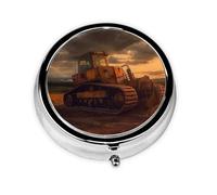 Pill Box 3 Compartments Round Pill Organizer Bulldozer Evening Pill Case for Purse Portable Travel Pillbox Metal Small Pill Container for Daily Medicine Supplement Vitamin