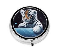 Pill Box 3 Compartments Round Pill Organizer Little Tiger in Space Pill Case for Purse Portable Travel Pillbox Metal Small Pill Container for Daily Medicine Supplement Vitamin