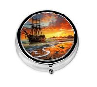 Pill Box 3 Compartments Round Pill Organizer Pirate Ship in The Sunset Pill Case for Purse Portable Travel Pillbox Metal Small Pill Container for Daily Medicine Supplement Vitamin