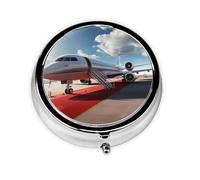 Pill Box 3 Compartments Round Pill Organizer Red Carpet Airplane Pill Case for Purse Portable Travel Pillbox Metal Small Pill Container for Daily Medicine Supplement Vitamin