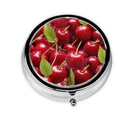 Pill Box 3 Compartments Round Pill Organizer Red Cherries Pill Case for Purse Portable Travel Pillbox Metal Small Pill Container for Daily Medicine Supplement Vitamin