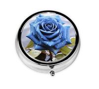 Pill Box 3 Compartments Round Pill Organizer Romantic Blue Rose Pill Case for Purse Portable Travel Pillbox Metal Small Pill Container for Daily Medicine Supplement Vitamin