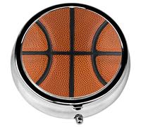 Pill Box, 3 Compartments Small Ball Sport Pill Case Travel Portable Metal Medicine Box with Mirror Mini Container for Purse Pocket Women Men(Basketball)