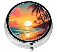 Pill Box, 3 Compartments Small Beach Sunset Pill Case Travel Portable Metal Medicine Box with Mirror Mini Container for Purse Pocket Women Men(Palm Tree)