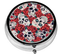Pill Box, 3 Compartments Small Pill Case Travel Portable Metal Medicine Box with Mirror Mini Container for Purse Pocket Women Men(Rose Skull)