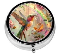 Pill Box, 3 Compartments Small Pill Case Travel Portable Metal Medicine Box with Mirror Mini Container for Purse Pocket Women Men（Humming Bird）