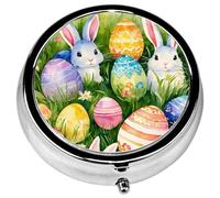 Pill Box, 3 Compartments Small Pill Case Travel Portable Metal Medicine Box with Mirror Mini Container for Purse Pocket Women Men(Easter Bunny Egg)