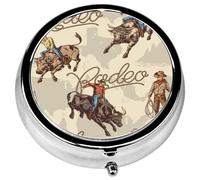 Pill Box, 3 Compartments Small Pill Case Travel Portable Metal Medicine Box with Mirror Mini Container for Purse Pocket Women Men（Vintage Western Cowboy）