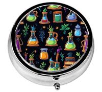 Pill Box, 3 Compartments Small Pill Case Travel Portable Metal Medicine Box with Mirror Mini Container for Purse Pocket Women Men（Magical Potion）