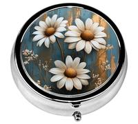 Pill Box, 3 Compartments Small Pill Case Travel Portable Metal Medicine Box with Mirror Mini Container for Purse Pocket Women Men(White Daisy)