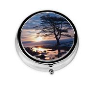 Pill Box 3 Compartments Tree Branch Silhouette at Dusk Round Pill Box Handbag Pocket Pill Box Portable Travel Metal Pill Box for Medicine Vitamins Fish Oil