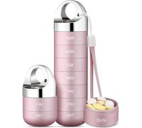Pill Box 7 Days, Portable Medicine Box, Stackable 7-Day Metal Pill Box with Screw Cap, Daily Pill Box, Portable Pill Box for Travel, Vitamins, Fish Oil (Pink)