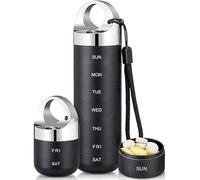 Pill Box 7 Days, Portable Medicine Box, Stackable 7-Day Metal Pill Box with Screw Cap, Daily Pill Box, Portable Pill Box for Travel, Vitamins, Fish Oil (Black)