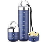 Pill Box 7 Days, Portable Medicine Box, Stackable 7-Day Metal Pill Box with Screw Cap, Daily Pill Box, Portable Pill Box for Travel, Vitamins, Fish Oil (Blue)