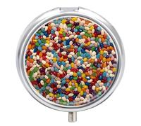 Pill Box Assorted Jelly Beans Round Metal Pill Case with 3 Compartments Portable Mini Medicine Drug Holder Travel Medicine Tablet Vitamin Holder Organizer