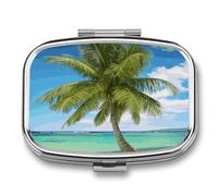 Pill Box Beach Palm Tree Travel Pill Organizer 2-Compartment Portable Medicine Case with Mirror Design for Vitamins, Jewelry & Essentials Durable Pocket Pillbox for Purse, Camping