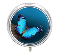Pill Box Beautiful Blue Butterfly Round Metal Pill Case with 3 Compartments Portable Mini Medicine Drug Holder Travel Medicine Tablet Vitamin Holder Organizer
