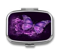 Pill Box Beautiful Purple Butterfly Floral 2 Compartment Medicine Pill Case Portable Metal Travel Medicine Box for Pocket Or Purse