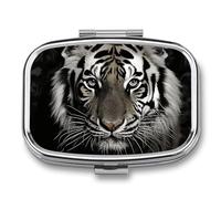 Pill Box Black and White Tiger Travel Pill Organizer 2-Compartment Portable Medicine Case with Mirror Design for Vitamins, Jewelry & Essentials Durable Pocket Pillbox for Purse, Camping