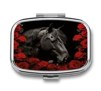 Pill Box Black Horse on A Background of Red Roses 2 Compartment Medicine Pill Case Portable Metal Travel Medicine Box for Pocket Or Purse