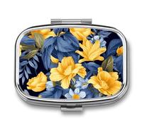 Pill Box Blue Base Yellow Floral Travel Pill Organizer 2-Compartment Portable Medicine Case with Mirror Design for Vitamins, Jewelry & Essentials Durable Pocket Pillbox for Purse, Camping