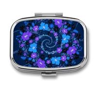 Pill Box Blue - Purple - Black Floral Travel Pill Organizer 2-Compartment Portable Medicine Case with Mirror Design for Vitamins, Jewelry & Essentials Durable Pocket Pillbox for Purse, Camping