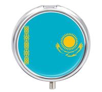 Pill Box Case 3 Compartment, Republic of Kazakhstan Flag Printing Portable for Pocket Small Travel Pill Organizer for Vitamins, Medication, Fish Oil and Supplements Round