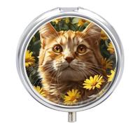 Pill Box Cat and Yellow Flowers Round Pill Case 3 Compartment Mini Metal Travel Pillbox for Purse Small Cute Medicine Pill Organizer Portable Pill Container Holder for Daily Medicine Vitamin