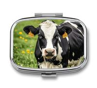 Pill Box Cow Black Spot Travel Pill Organizer 2-Compartment Portable Medicine Case with Mirror Design for Vitamins, Jewelry & Essentials Durable Pocket Pillbox for Purse, Camping
