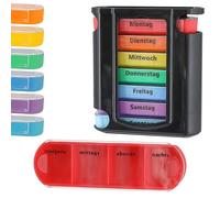 Pill Box 'Deluxe' 7 Days, Rainbow Colours, Black, Plastic, 11.5 x 13 x 4.3 cm, Labelling Days of the Week, Time of the Day, Tablet Boxes Individually Pull-Out (1 x 'Deluxe' Pill Box, Black/Colourful)