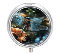 Pill Box Dragonfly Flying on The Pond Round Metal Pill Case with 3 Compartments Portable Mini Medicine Drug Holder Travel Medicine Tablet Vitamin Holder Organizer