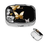 Pill Box Gold White Butterflies Black Small Pill Case for Purse Pocket 3 Compartment Medicine Pill Organizer Portable Travel Pillbox Metal Pill Container Holder to Hold Vitamins Fish Oil Supplements