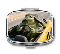 Pill Box Green Sea Turtle Animal Driving Car Travel Pill Organizer 2-Compartment Portable Medicine Case with Mirror Design for Vitamins, Jewelry & Essentials Durable Pocket Pillbox for Purse, Camping