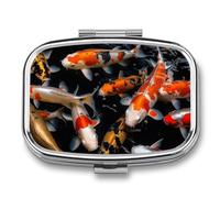 Pill Box Japan Fancy Koi Carp Fishes Travel Pill Organizer 2-Compartment Portable Medicine Case with Mirror Design for Vitamins, Jewelry & Essentials Durable Pocket Pillbox for Purse, Camping