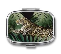 Pill Box Leopard Palm Leaf 2 Compartment Medicine Pill Case Portable Metal Travel Medicine Box for Pocket Or Purse