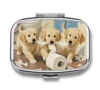 Pill Box Little Puppies Pulling Toilet Paper Travel Pill Organizer 2-Compartment Portable Medicine Case with Mirror Design for Vitamins, Jewelry & Essentials Durable Pocket Pillbox for Purse, Camping
